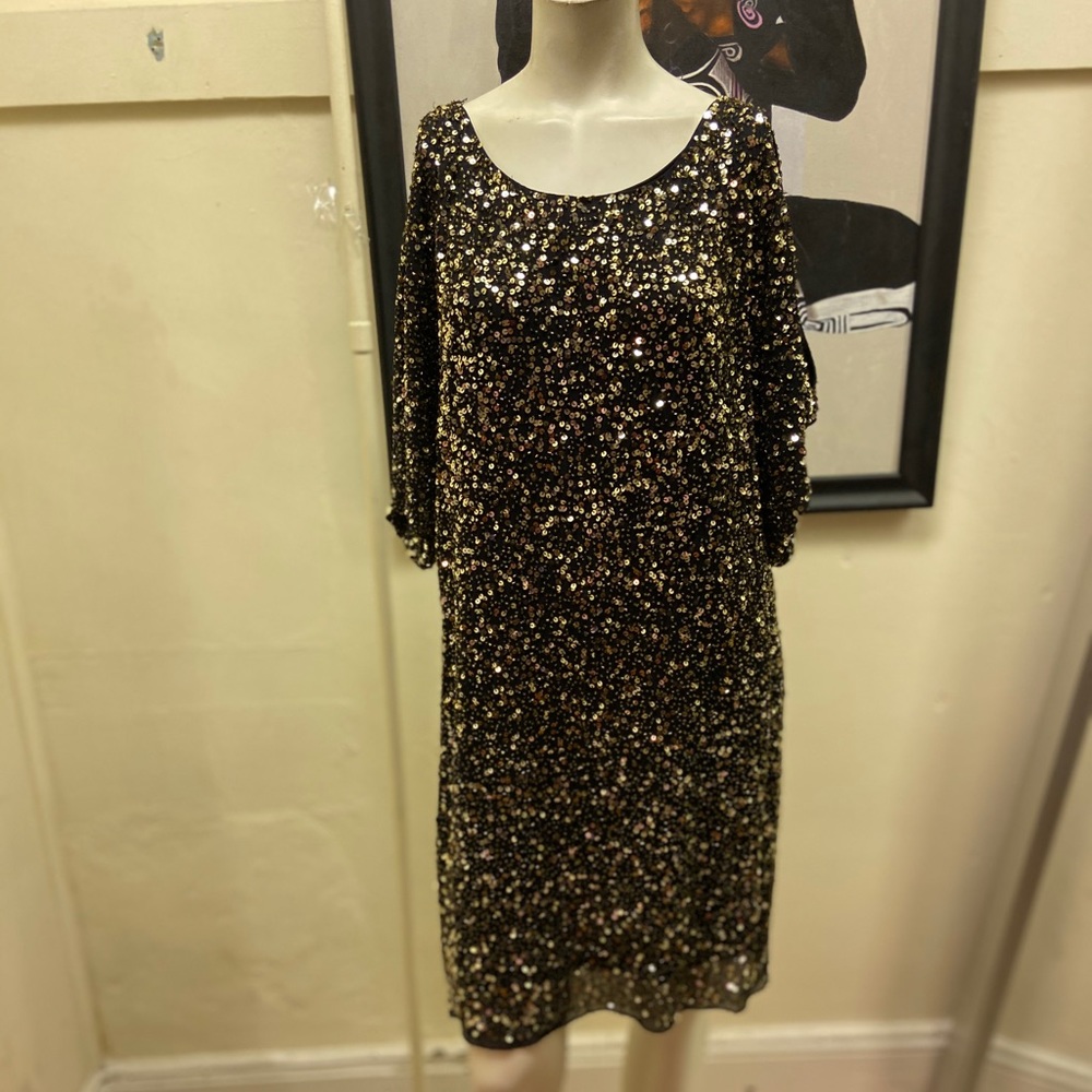 Aidan Mattox Black And Gold Midi Sequence Dress 10 - image 1